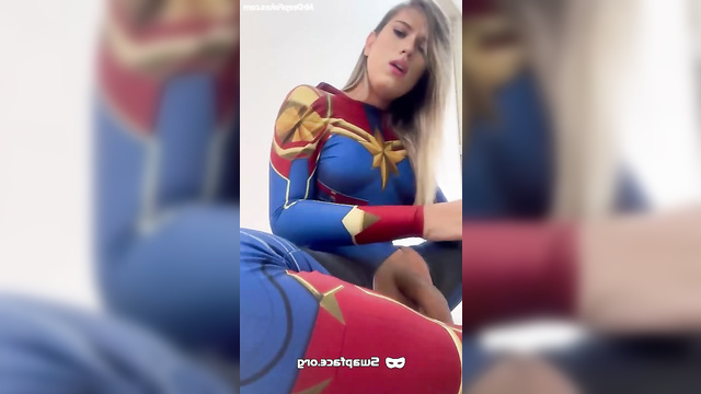 Scarlett Johansson trans in superhero costume jerking off on camera, ai