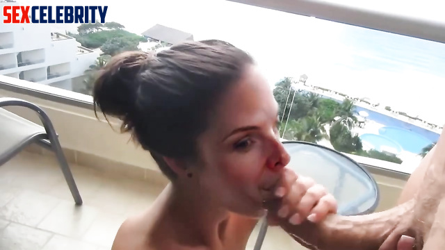 Naked brunette making blowjob on the balcony, fake Rebecca Ferguson