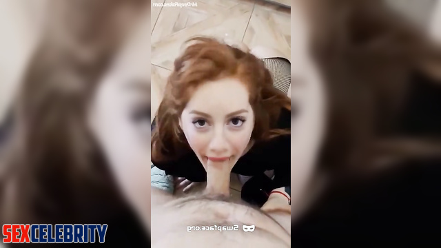 Redhead lady adores sucking standing on knees, fake Brittany Murphy