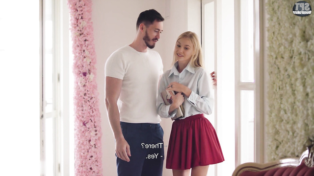 Cutie in red skirt Elizabeth Olsen pleases friend at his home / fakeapp