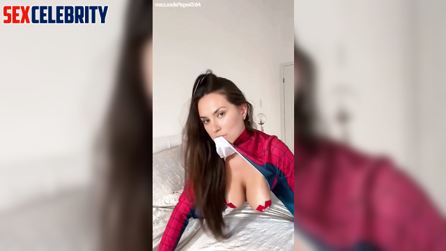 Fake Trisha Hershberger shakes her tits in her Spiderman costume