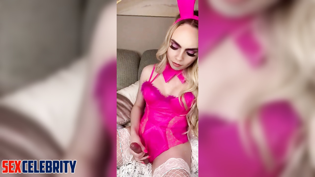 Bunny girl Cara Delevingne jerks off and cums hard