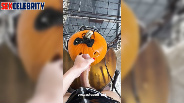 Horny Gemma Chan uses her big dick on submissive Halloween pumpkin!