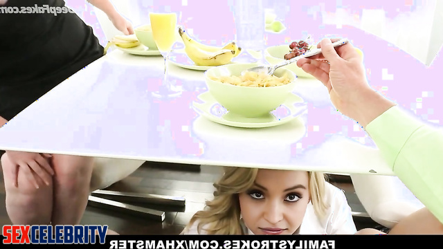 Slut making blowjob to her stepfather under the table, Sydney Sweeney ai