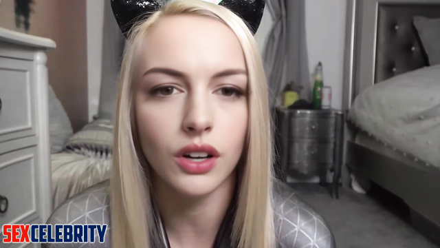 Long-haired blonde masturbated in a sexy kitty costume, real fake