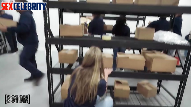 Warehouse worker having fun with her colleague, fakeapp Lisa Kudrow