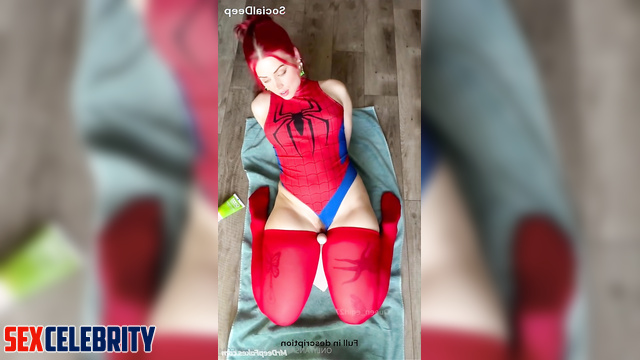 Ana de Armas playing with a sex toy in hot superhero costume, real fake