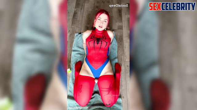 Ana de Armas playing with a sex toy in hot superhero costume, real fake