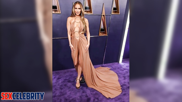 Deepfake. Jennifer Lopez in a beautiful dress sticks out her tongue in a sexy way